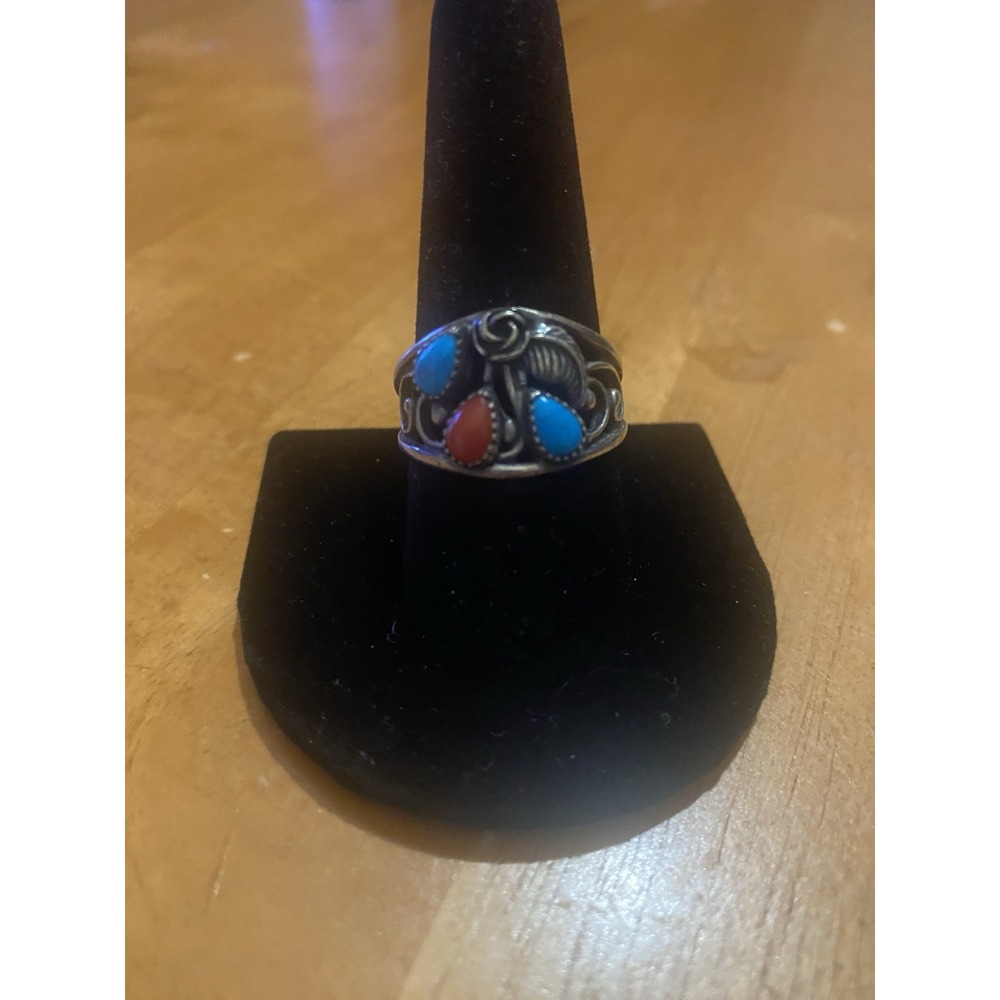 Vintage Wheeler Navajo  Sterling  Ring With Floral Coral And Turquoise -Sz 10